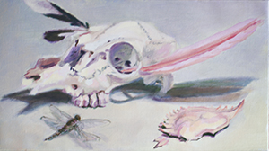 Image of Keith Crowley's painting,Juvenile Doe, Dragonfly, Roseate Spoonbill, and Ibis Remains